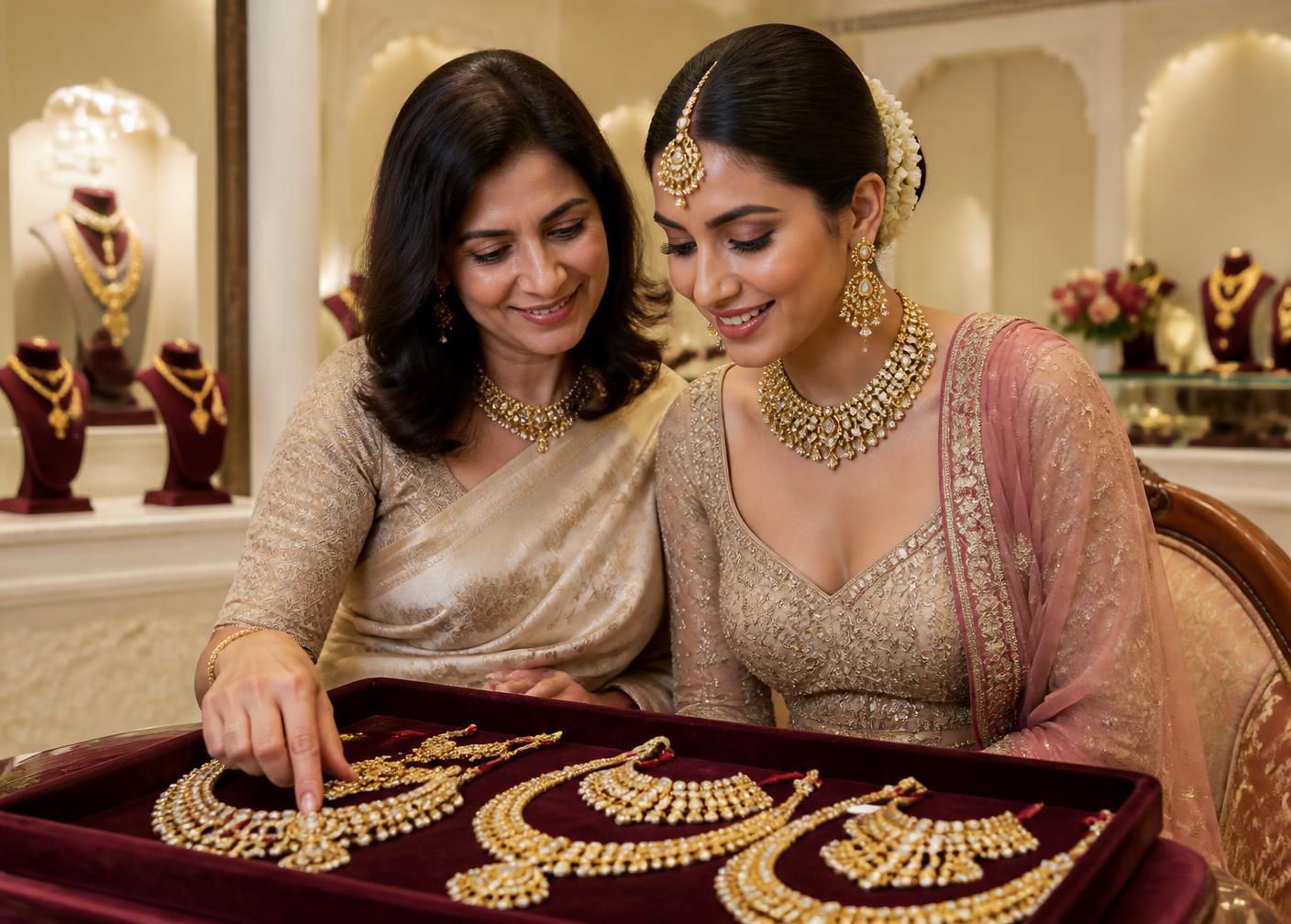 A bride and her mother viewing bridal necklaces