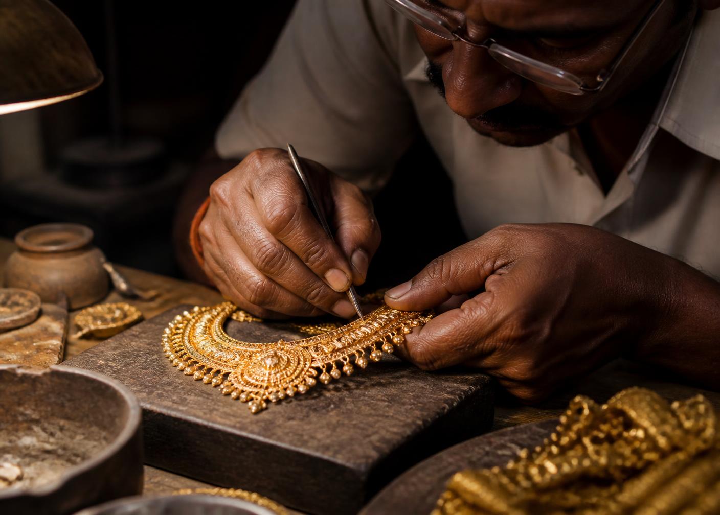 A goldsmith engraving a gold necklace by hand