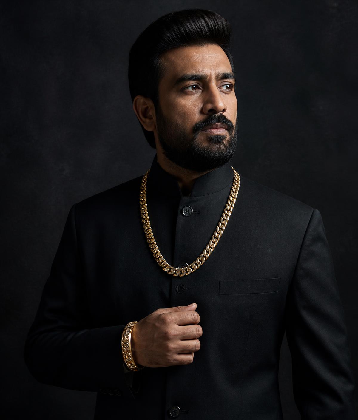 Man wearing a gold chain and kada